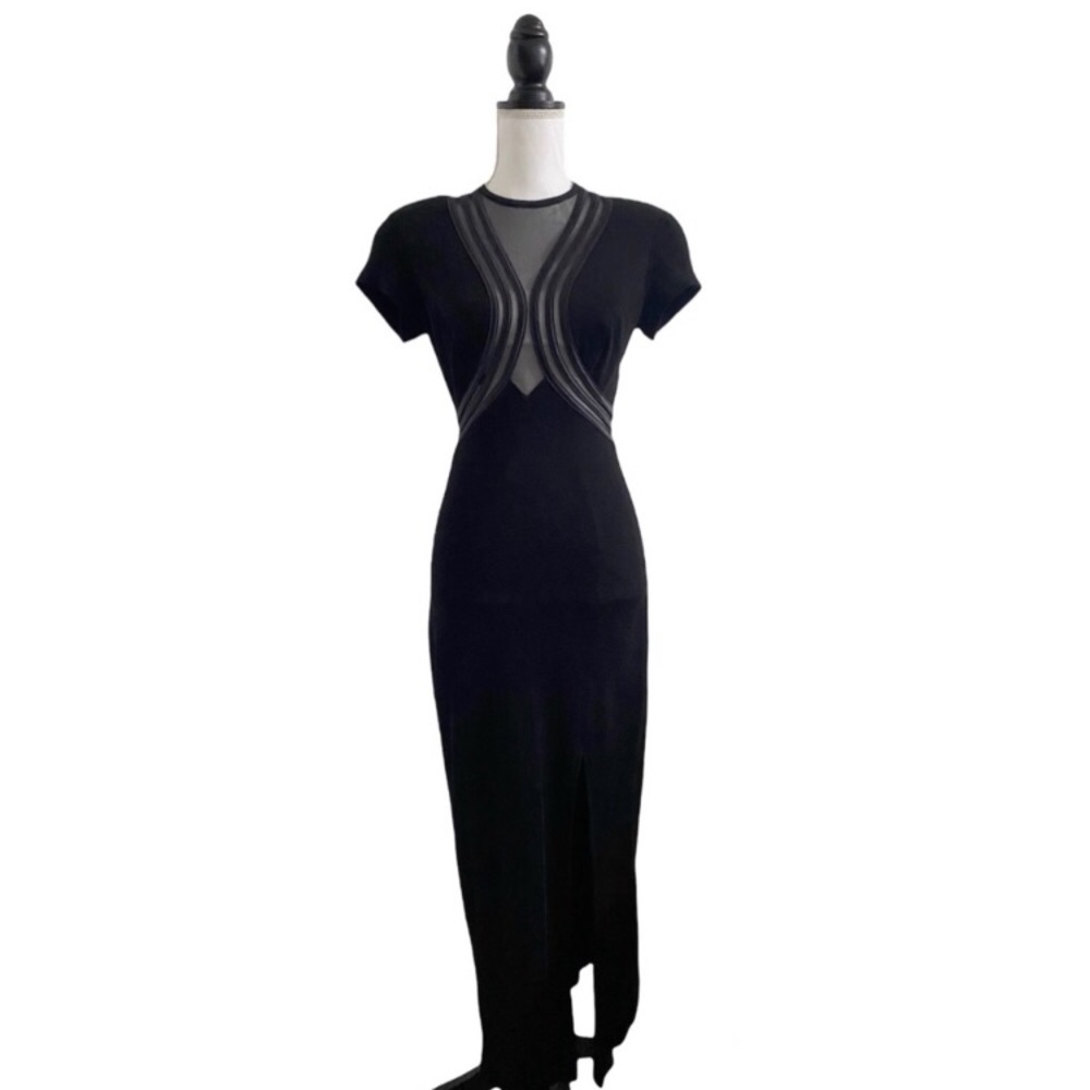 Tadashi Shoji Mesh Panel Black Full Length Dress